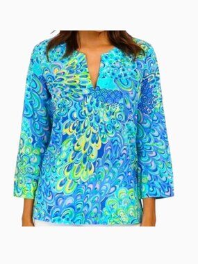 Lilly Pulitzer Amelia Island Sea Blue Lagoon Tunic Top Size Small Cotton